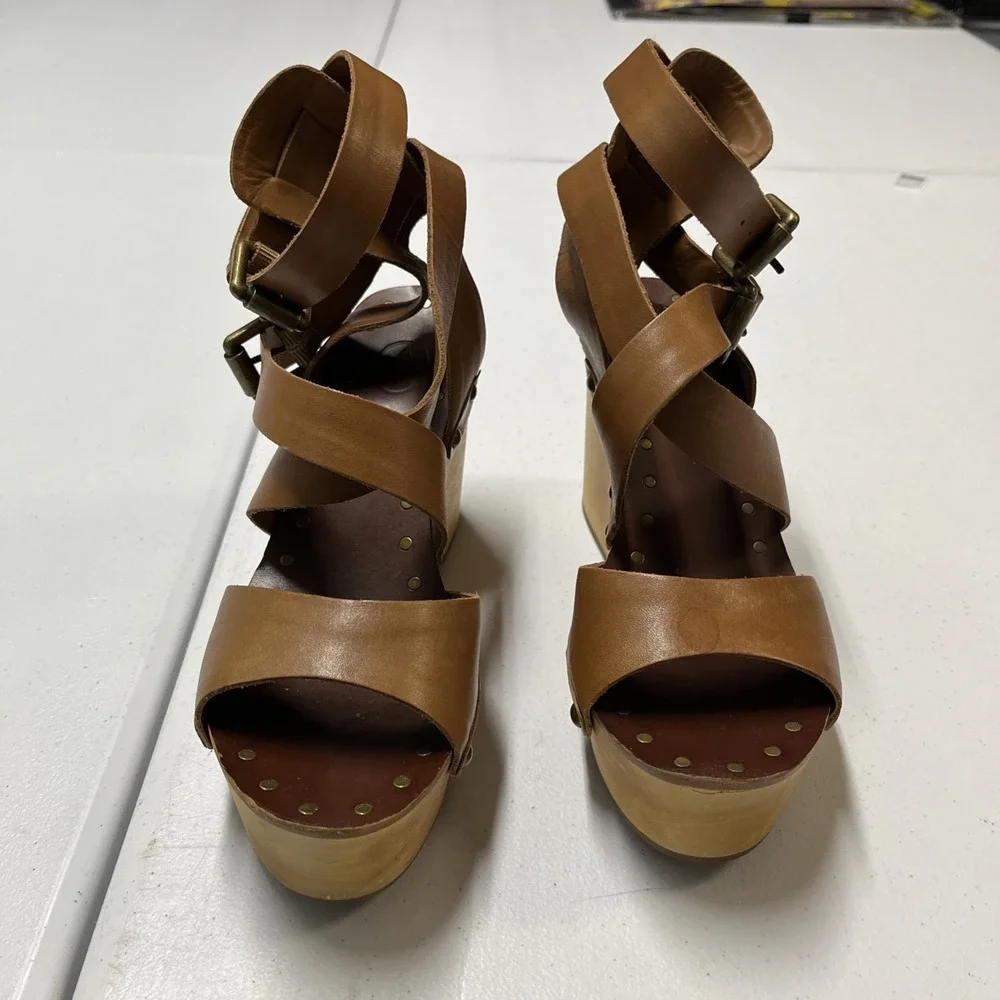 Ash Sandal Wedge‎ Strappy Wrap Ankle Platform Brown Leather Size 37 6.5 Studded
